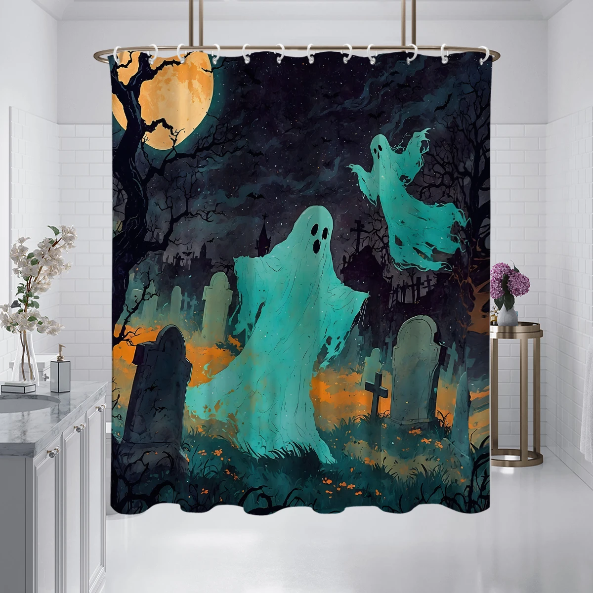 1PC Halloween themed elements Series Pattern Shower Curtain,Washable Waterproof Shower Curtain,12 hooks,Family Bathroom Decor