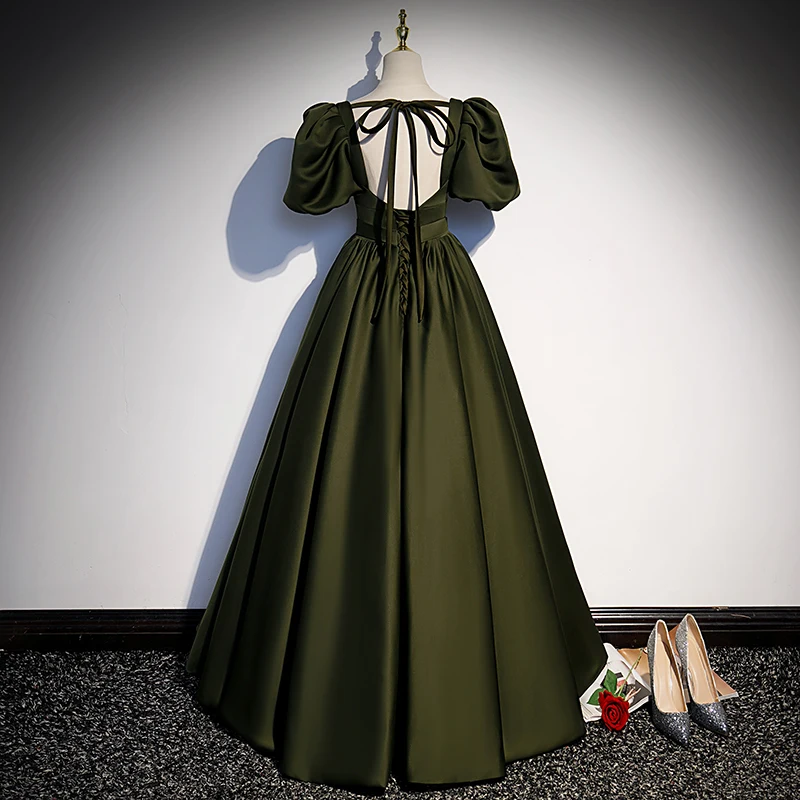 Evening Dress Dark Green Satin Square Collar Short Puff Sleeves Pleat A-line Floor Length Plus Size Party Dresses Women B2320