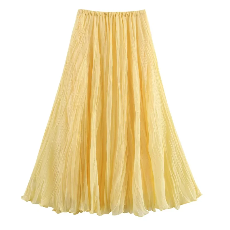 HXAO Pleated Skirts For Women Yellow Elegant Women's Skirts Summer Ruffled Chiffon Long Skirt Woman High Waist Tulle Midi Skirt