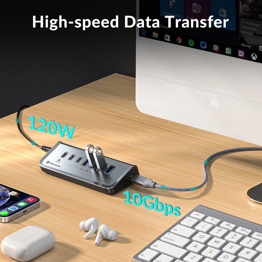 Imagem -02 - Yottamaster-adaptador de Hub Usb Tipo-c para Macbook Laptop Carregamento Rápido Usb 3.2 Dock Station 10gbps Alta Velocidade Port 60w