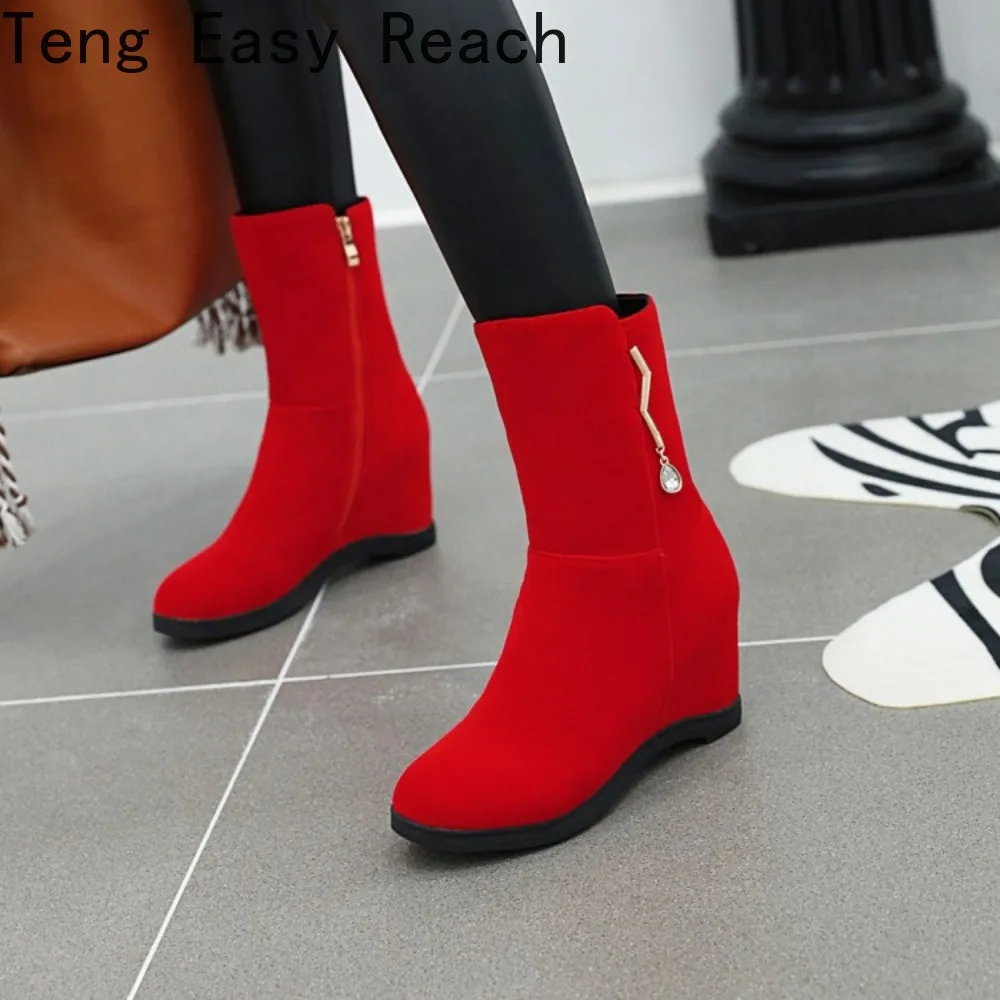 New Women Keep Warm Plush Snow Boots Casual Wedges All-match Cotton Fashion Side Winter Shoes Gladiator Boots Red Black