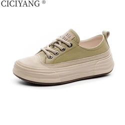 CICIYANG Thick-soled Casual Sneakers Women Genuine Leather Spring Shoes 2025 New Large Size 42 43 Lace-up Ladies Vulcanized Shoe