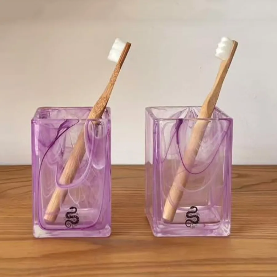 

2 Piece Swirling Mist Purple White Effect Rectangular Glass Bathroom Tumbler, Toothbrush Holder and Cup Set