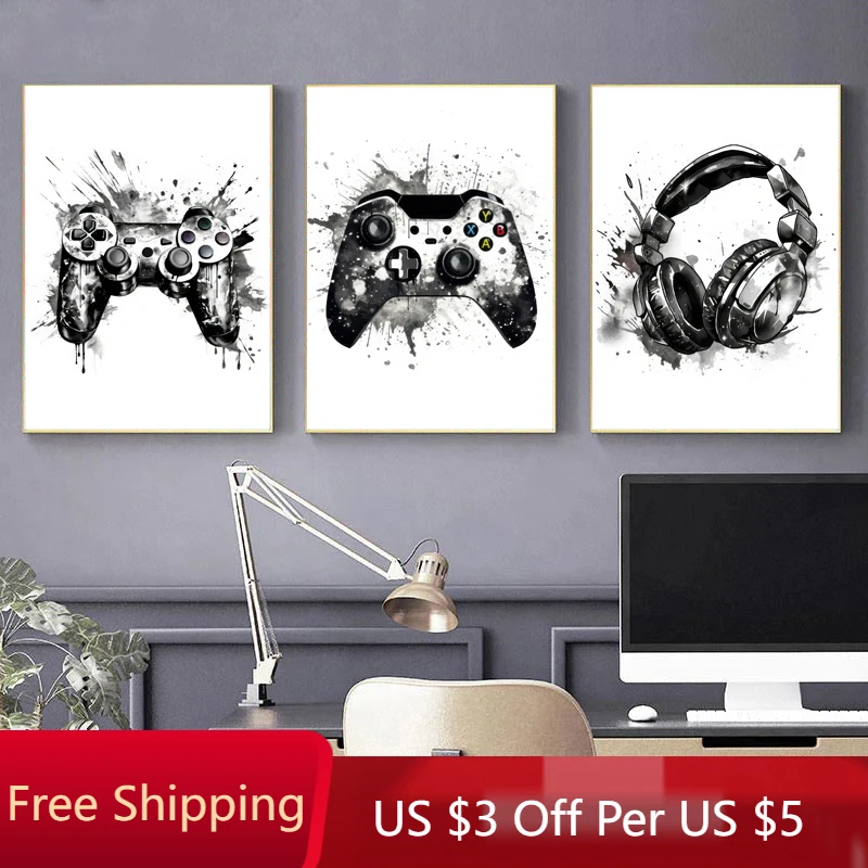 Black and White Ink Video Game Controller Poster Nordic Gamer Enthusiast Canvas Painting Picture Boys Room Wall Art Home Decor