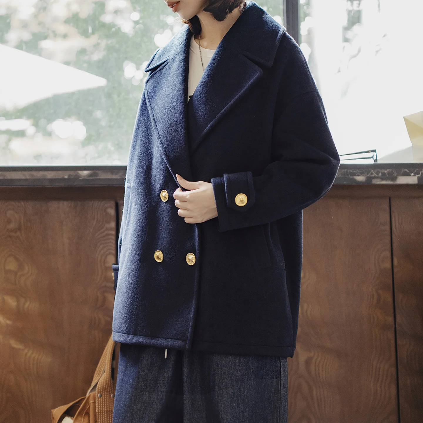 Women's Navy Double-Breasted Mid-Length Wool Coat