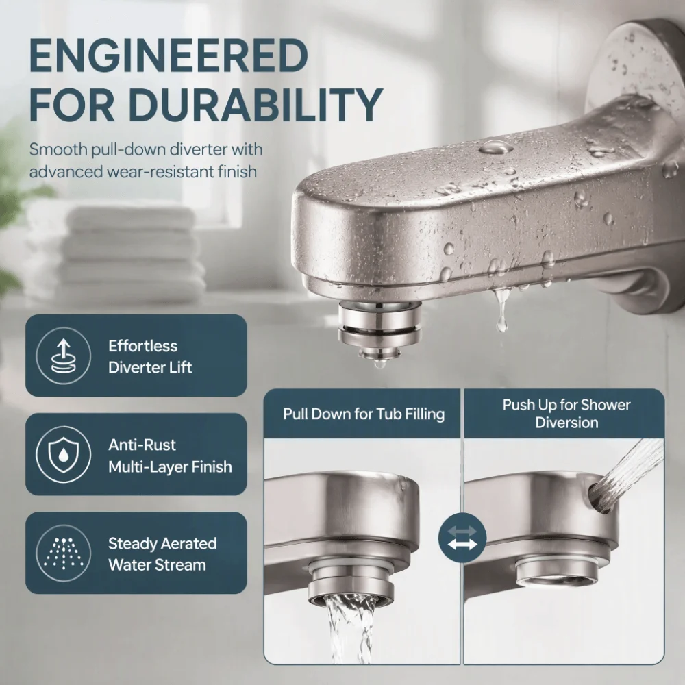5‑1/4 Inch Bathtub Spout Pull‑Down Style Solid Metal Bathtub Spout With Diverter Simple To Install Wear‑Resistant