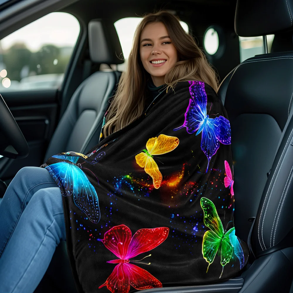 Glowing rainbow butterflies on black background magical night sky design soft flannel blanket fantasy insect art home decorthrow