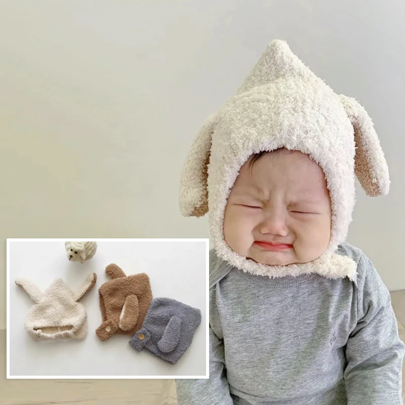 Winter Baby Plush Hat Cute Cartoon Rabbit Ears Toddler Beanie Cap Solid Color Thicken Warm Kids Boy Girl Ear Protection Caps