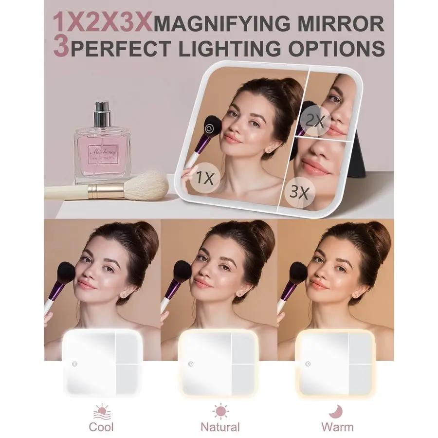 Tas met LED-verlichte spiegel Draagbare make-up organizer Treinkoffer met 2X 3X vergrotingsversterker 3-kleurenverlichting voor precisie, Adju