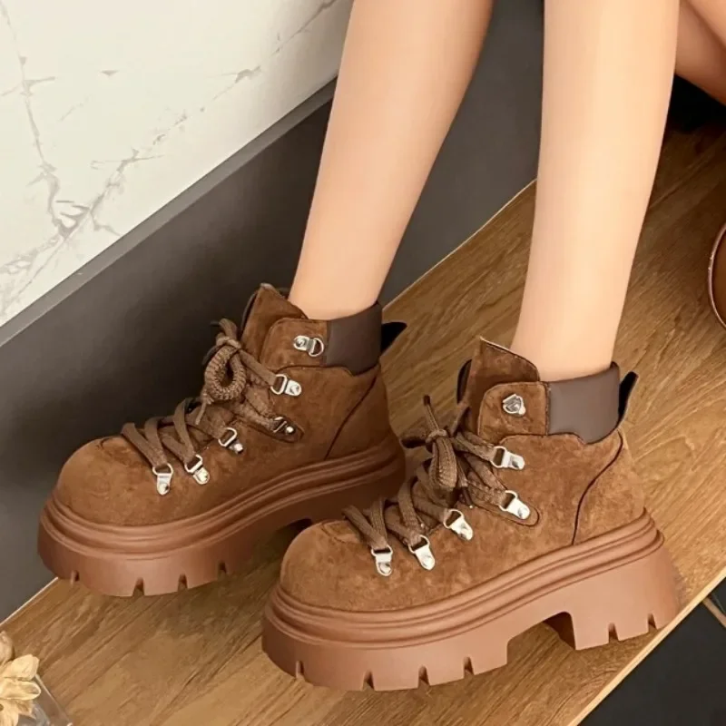 Lace Up Women's Mid Heels Ankle Boots Fashion Platform Winter New Shoes 2025 Designer Classical Short Boots Casual Cozy Sneaker