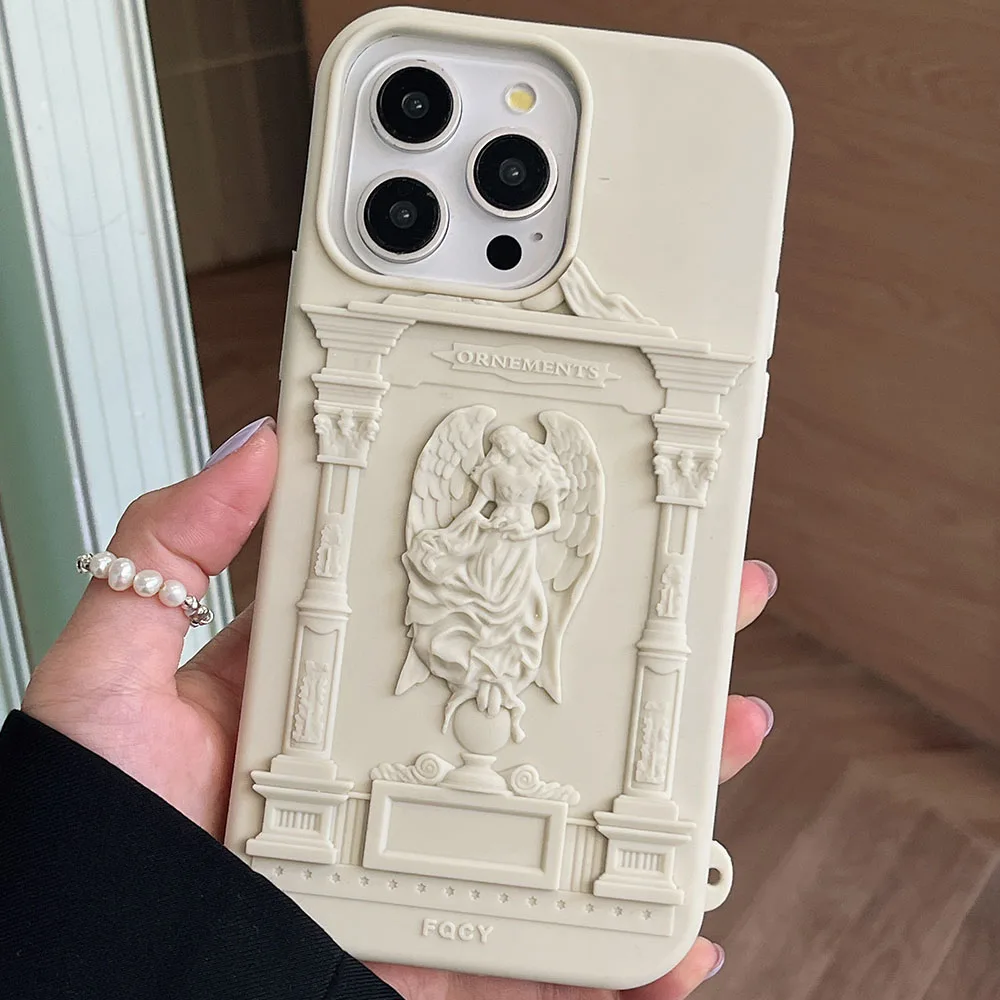 Retro 3D Angel Wings Statue Roman Column Phone Case For iPhone 15 Pro 13 14 12 Pro Max Cases Soft Silicone Protective Back Cover