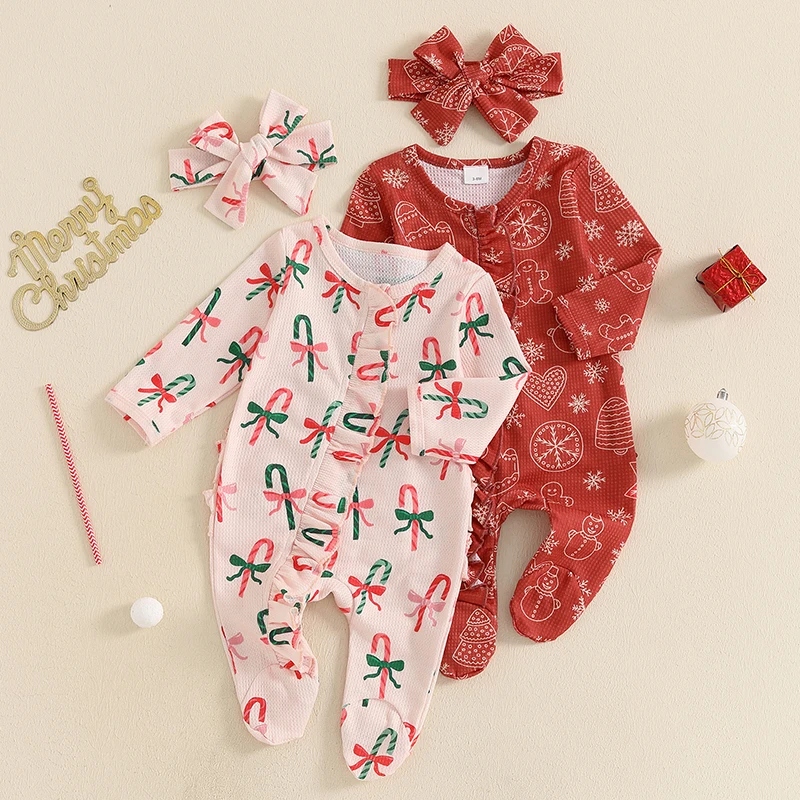 Baby Girls Christmas Footies Long Sleeve Gingerbread Man Snowman/Candy Cane Print Romper with Headband