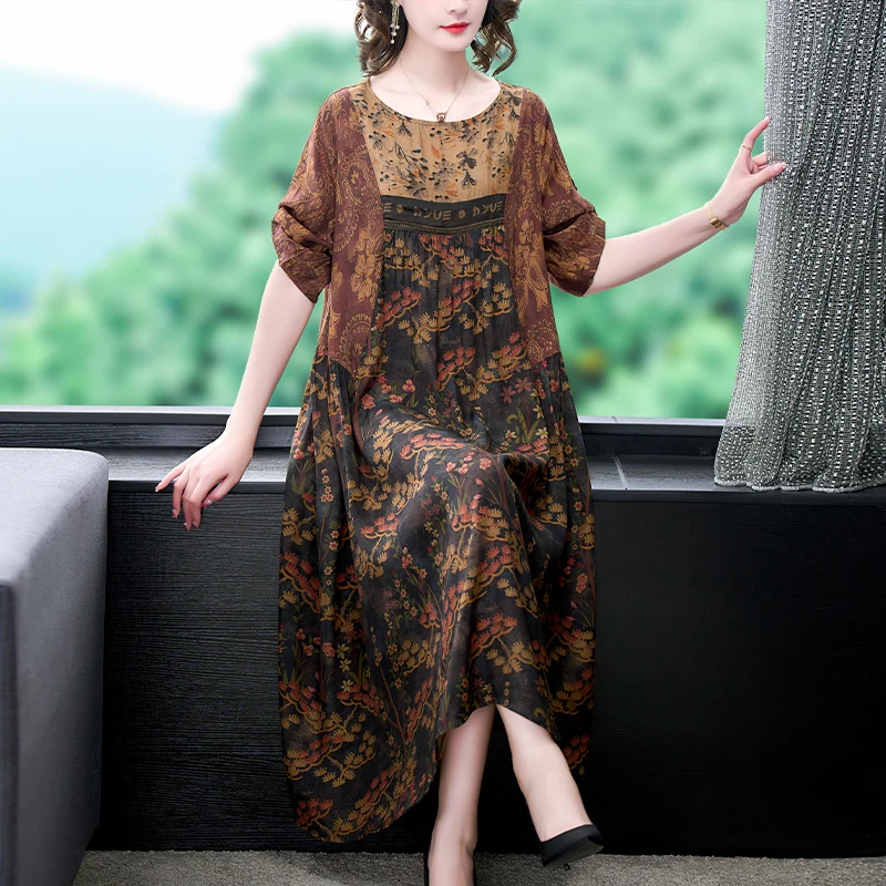 2023 New Fashion Silk Printed Dress Women's Summer Large Retro Versatile Loose Fit Leisure Party Dress Vestidos