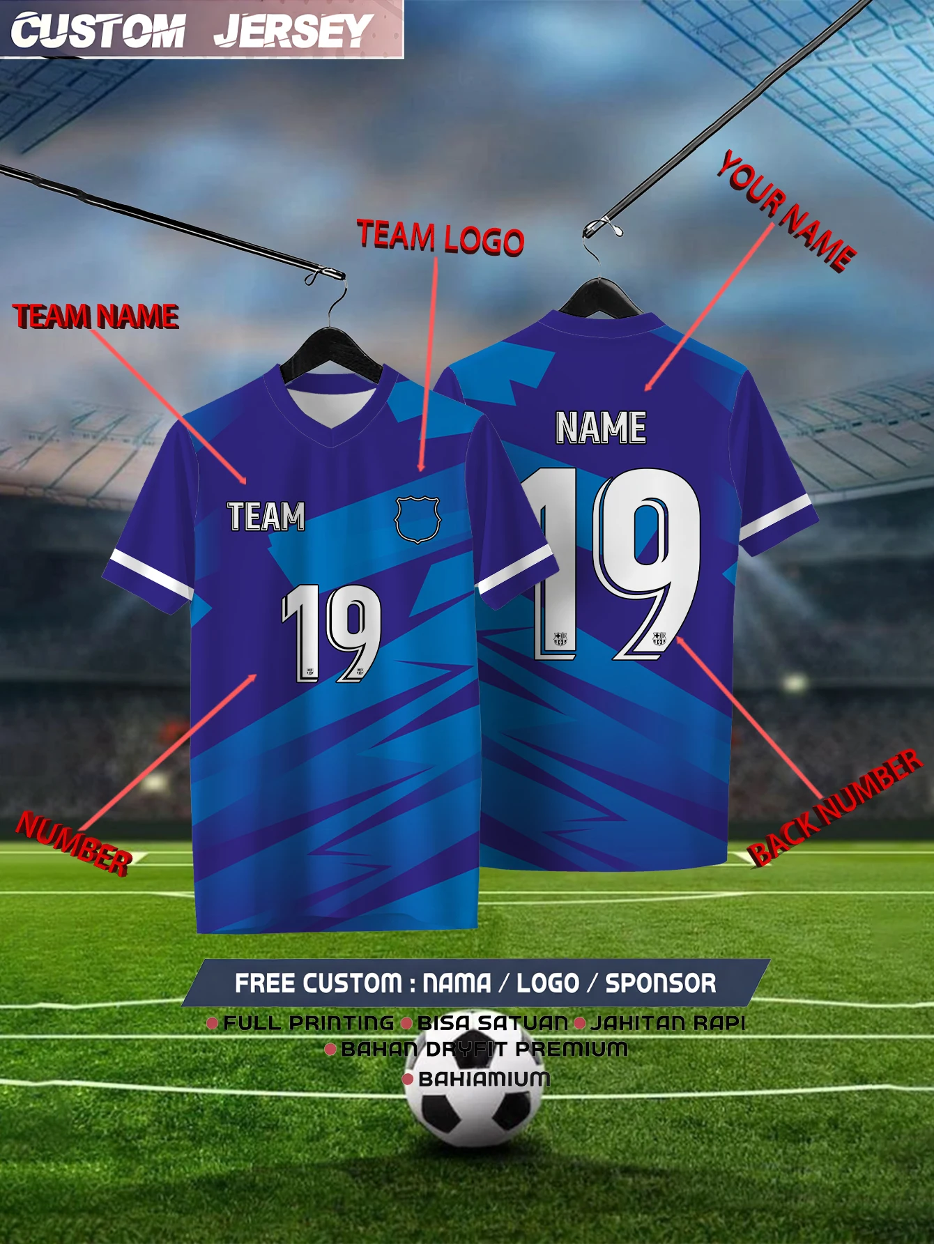 

Customized Geometric Blue Short Sleeved Shirt with Team Name, Emblem, Name and Number, Outdoor Sports Short Sleeved T-shirt