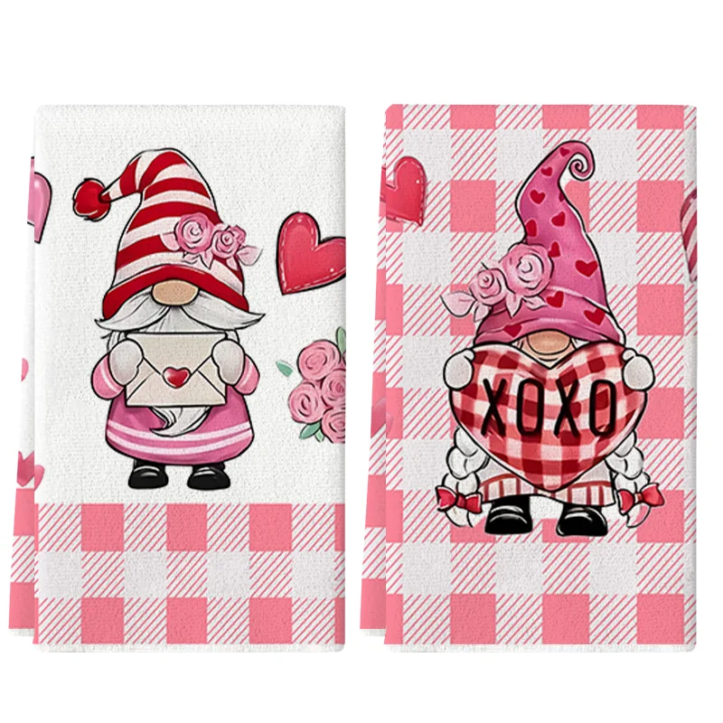 2Pcs, Valentine's Day Pink Plaid Love Letter Gnome Kitchen Towel, 40Cm*60Cm Towel Set, Super Absorbent Soft Cleaning Cloth, Cooking and Baking Tea Towel, Hand Towel, Cleaning Cloth, Dishcloth, Kitchen Decoration, Living Room Decoration, Kitchen Essentials, Home Essentials