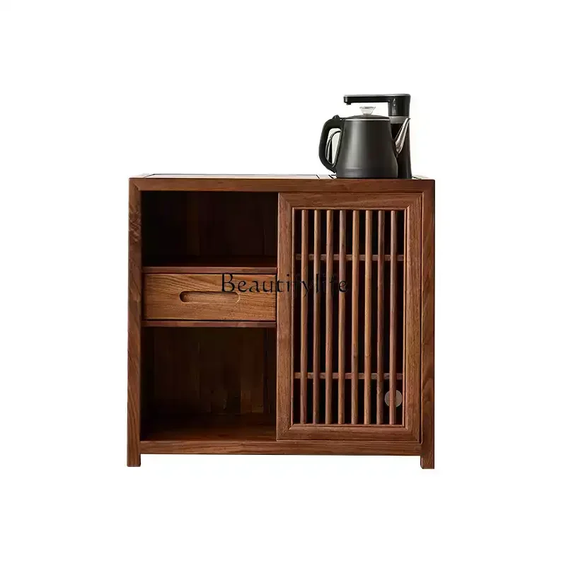 

Solid wood tea cabinet New Chinese North American black walnut tea side cabinet with water heater