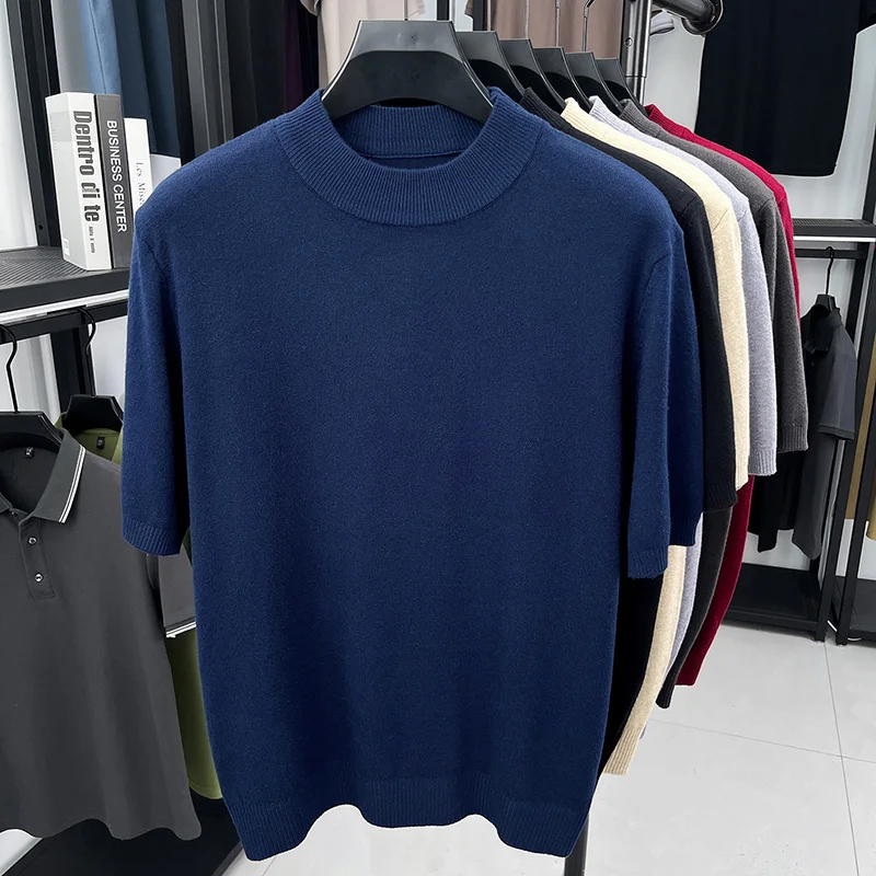 Herren Einfarbige Mock-Neck Kurzarm-Strick-T-Shirts Lässige Basis-Oberteile Weich Dehnbar Knitterfrei Für Alle Jahreszeiten Geeignet – Detail 23
