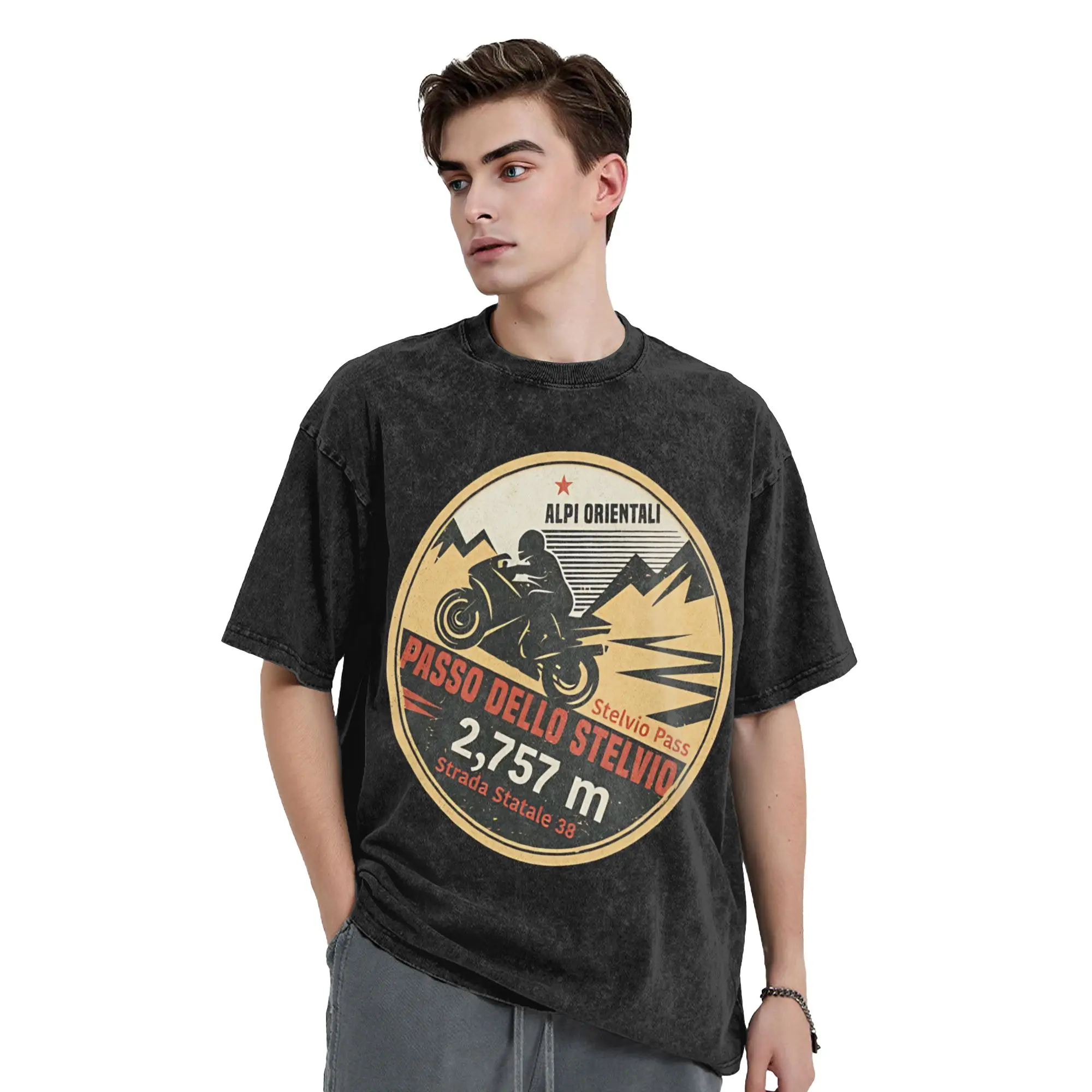 Stelvio Pass, Passo dello Stelvio, Italy T-Shirt Men Round Neck Cotton Washed T Shirt  Short Sleeve Tee Shirt Printed Tops