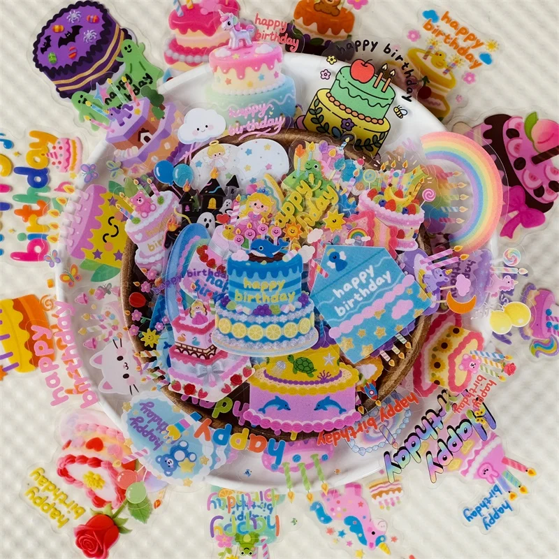 

56PCS Cartoon Birthday Cake PET Sticky Sticker Aesthetic Tear Open DIY Decoration Scrapbooking Sketchbook Supplies for Kids