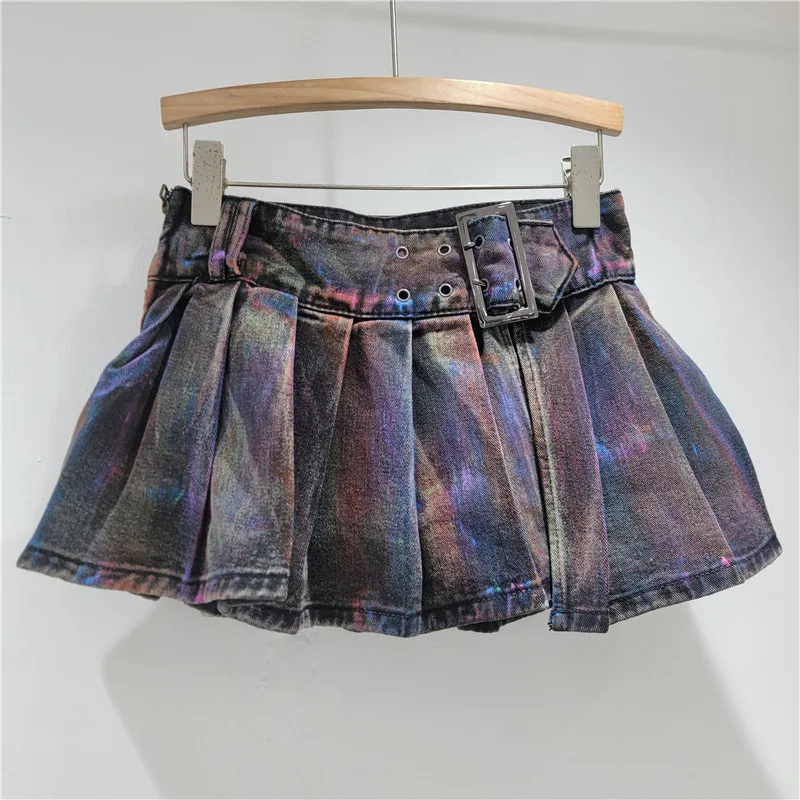 GALCAUR Hit Color Pieghe impiombate Eleganti gonne da cowboy per le donne Minigonna a pieghe divisa a vita alta Abbigliamento moda femminile Nuovo