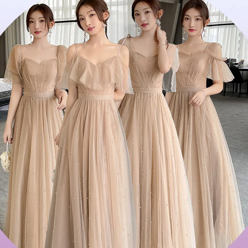 

2025 New Women's Autumn Mesh Bridesmaid Evening Dress Fashionable and Elegant Host Show Thin and Long Back Strap Dress