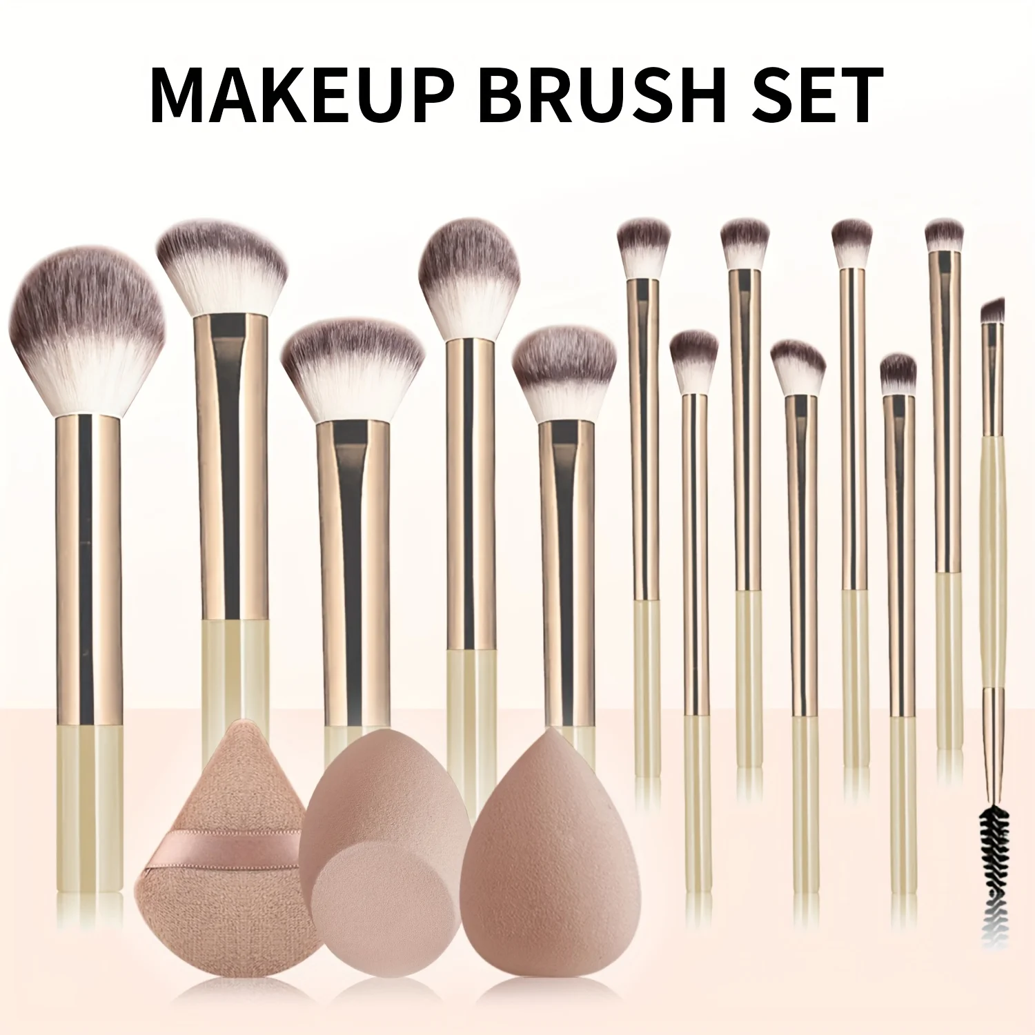 Set de 16 Brochas de Maquillaje Profesionales, Incluye 13 Brochas de Maquillaje con Tubo de Aluminio + 2 Esponjas de Belleza + 1 Borla para Polvos, Polvos Sueltos
