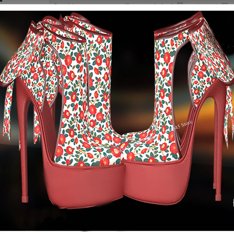 

Flower Print Bow Knot Platform Boots Thin High Heel Peep Toe Fashion Cool Sexy 2024 Casual Big Size Woman Shoes Zapatillas Mujer