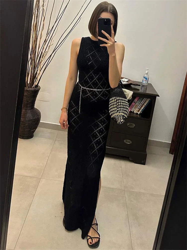 Tossy Hollow Out Sleeveless Sexy Maxi Dress Women High Split Fashion Beach Holiday Mesh Dress Patchwork Knitwear Autumn Dress