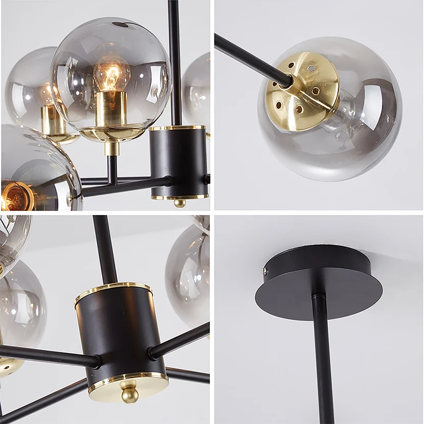 SANDYHA Modern LED Glass Ball Chandelier Luxury Home Decor Molecular Ceiling Lamp Black Gold Iron with 6/8/10 Ball Pendant Light