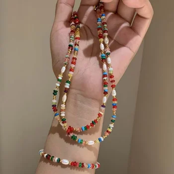 Fashion Colorful Beads Stone Imitation Pearl Women's Necklace Bracelet Retro Gold…