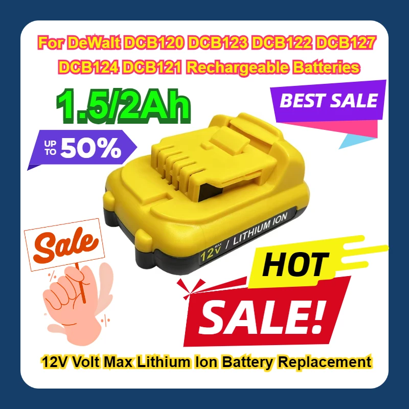 

1.5/2Ah 12V Volt Max Lithium Ion Battery Replacement For DeWalt DCB120 DCB123 DCB122 DCB127 DCB124 DCB121 Rechargeable Batteries