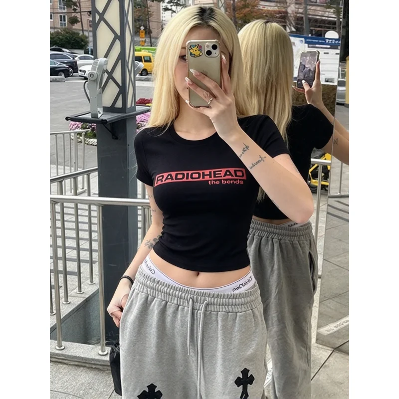 European American Style Women Black Cotton Short Sleeve Top Letter Print Slim Fit Figure Flattering Summer Basic T‑Shirt