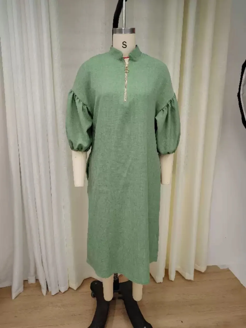 Einfarbiges Damenkleid, lockere Passform, Stehkragen, Blasenärmel, Halbreißverschluss-Kleid, modisch, lässig, lange Kleider mit Taschen, neu – Detail 8