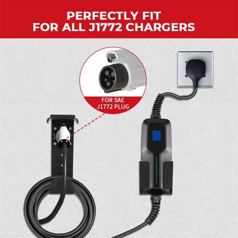 EV Charger Holder with Charging Box Rack for SAE J1772 Connector Wall-Mount Electric Vehicle Charger Holster