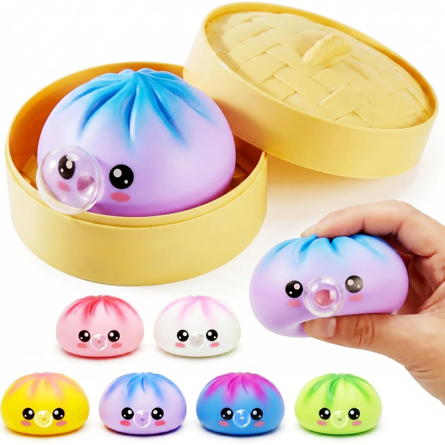 Mystery Dumpling Squeeze Toy Bubble Blowing Dumpling Stress Balls Stress Relief Toy with Steamer Fun Desk&Birthday Gift for Kids
