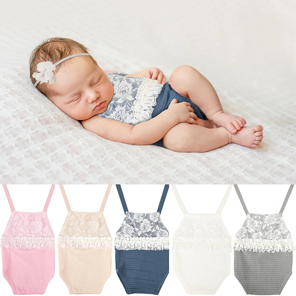 

Baby Photoshoot Outfit New Born Props 0-6m Strap Lace Flower Lace Headdress Suit Summer Mosaic BluePink White Grey