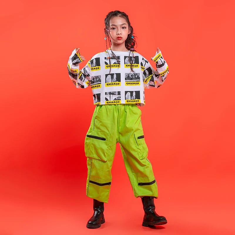 Kids Hip Hop Show Clothing Print Crop Tops Shirt Green Stage wear Tactical Cargo Pants for Singers Girls Dance Costume Clothes