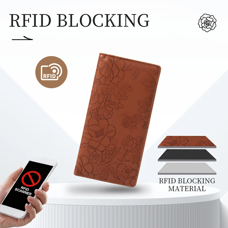 Western RFID Blocking 3D Embossed Continental PU Leather Women Wallet Large Capacity Zipper Coin Purse for Ladies