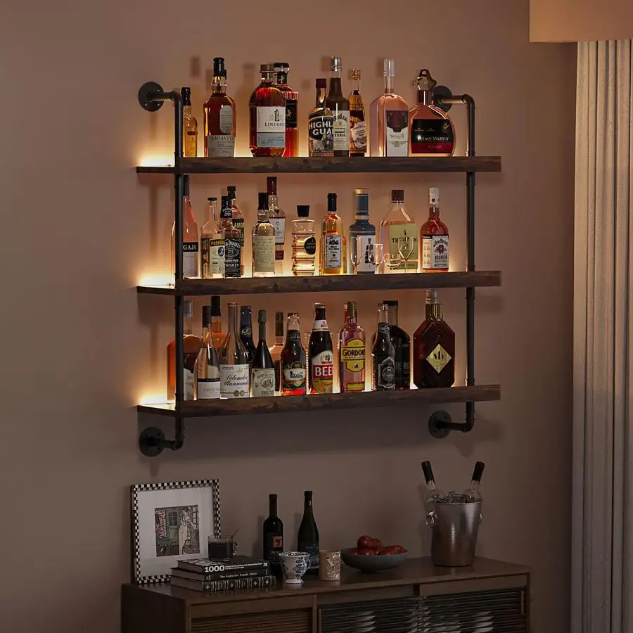 Wall Mounted Wine Rack with LED,Liquor Bottles Floating Shelves Display Storage Organizer for Home Bar Dining Room Kitchen 23.6