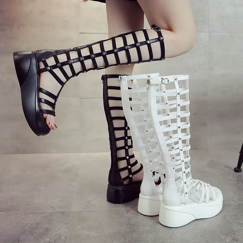 Trend Women's Gladiator Platform Sandals 2026 Summer Knee High Hollow Out Wedge Heel Rivet Studded Roman Style Thick Sole Shoes