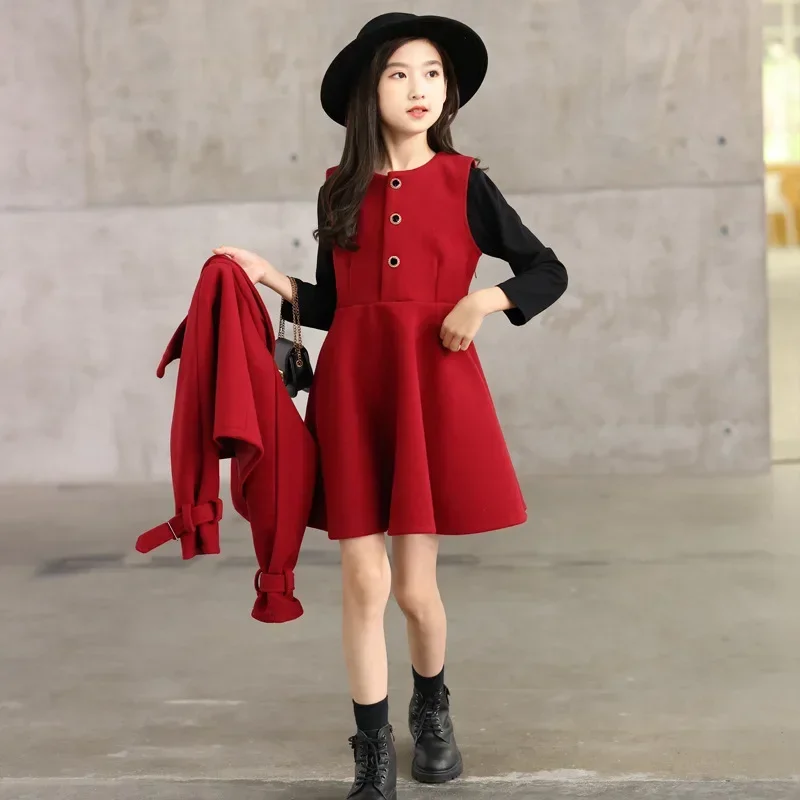 

Children Clothing Girls Woolen Set Red Autumn and Winter New Girls Woolen Coat Sleeveless Vest Dress Two Piece Set Outerwear