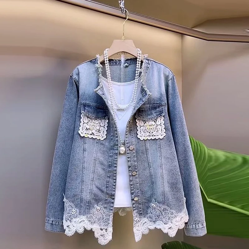

Retro Lace Patchwork Women Denim Jacket Spring Autumn Round Neck Single Breasted Coat Elegant Long Sleeved Versatile Outerwear