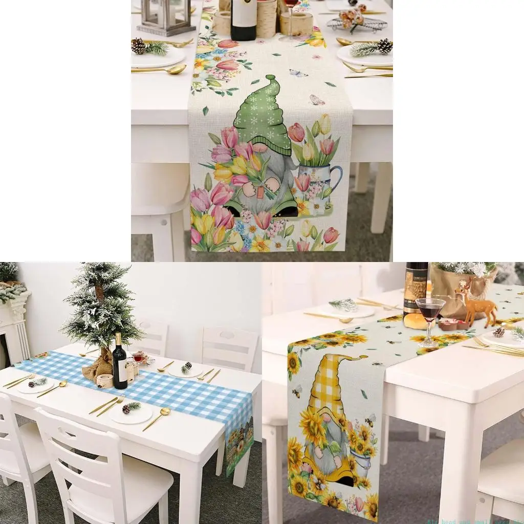 581C Gnome Cotton Linen Table Runner Table Cloth Desktop Decor for Spring Easter Farmhouse Kitchen Dining Tabletop