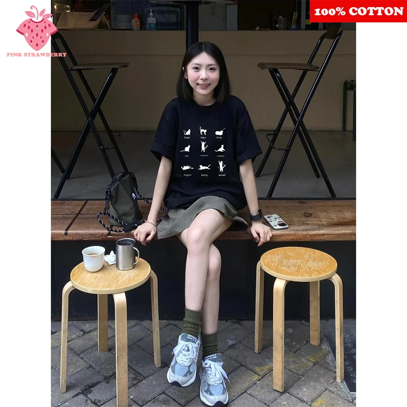 

Cartoon Cat Black T-shirt Women Summer 2025 New 100% Cotton Korean Short sleeve Tee Loose Y2k Tops Youth Female kawaii clothes