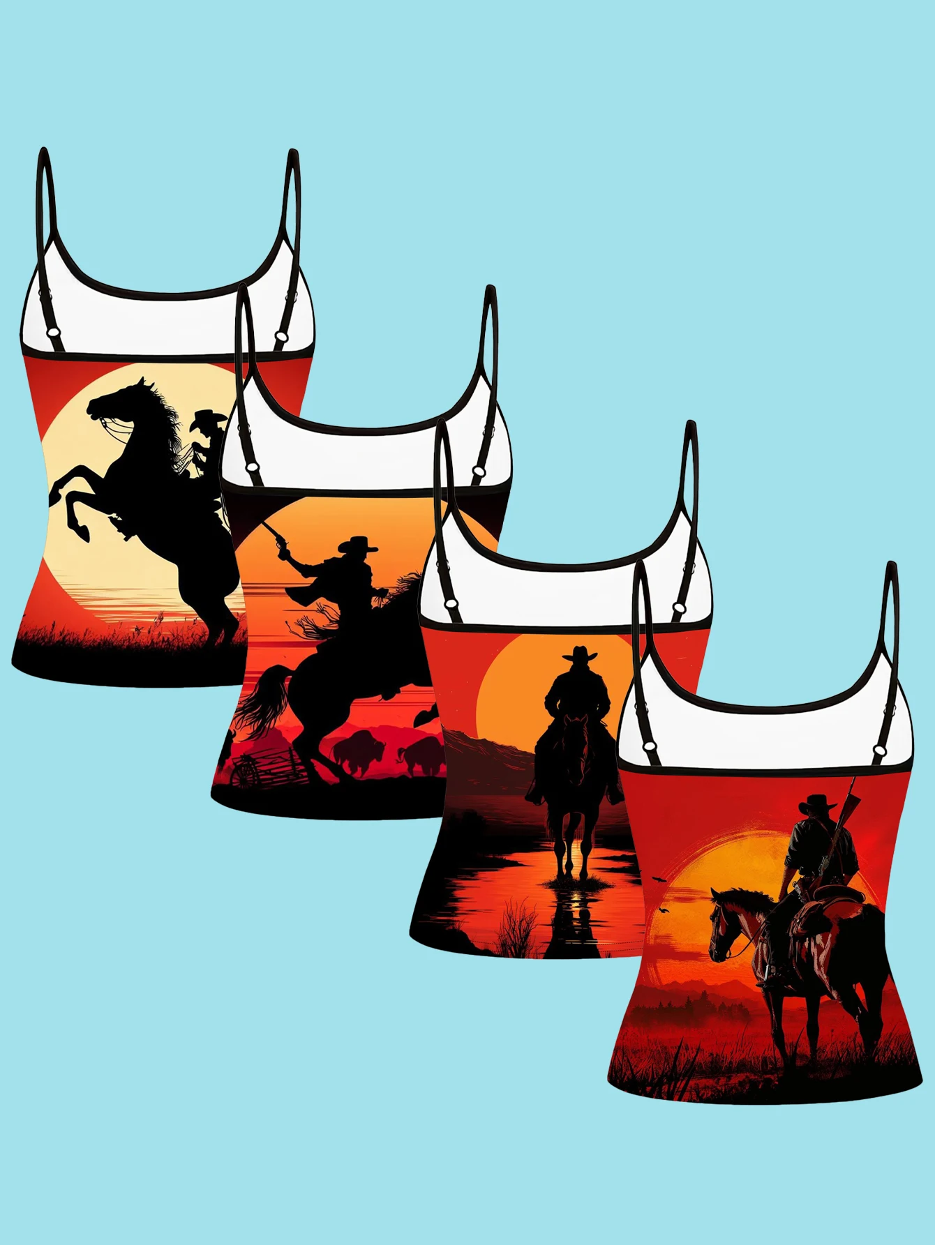 4-Piece Set of Women's Western Cowboy Riding Print Camisoles, Sunset Wilderness Rider Silhouette Vintage Slim-Fit Spaghetti Strap Inner Tops