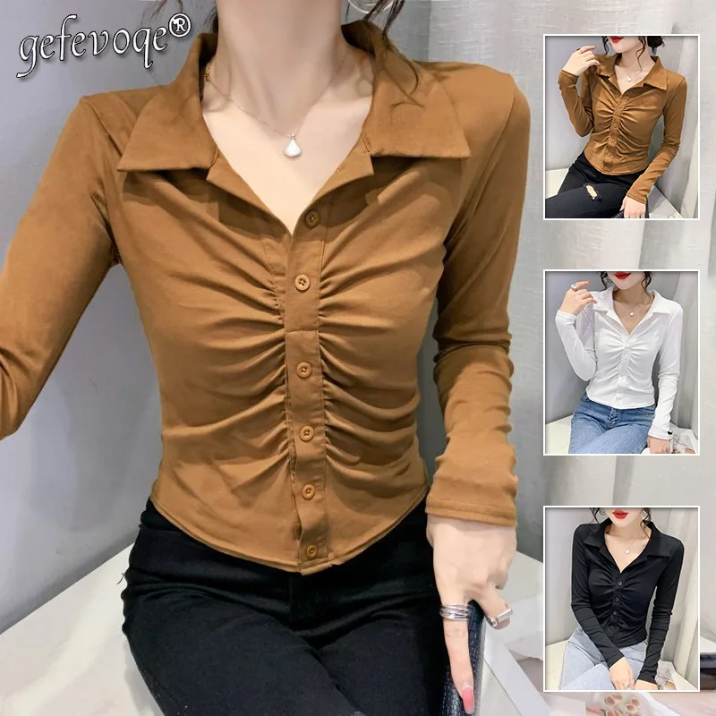 Vintage Casual Sexy Folds Solid Shirt Spring Autumn 2023 Polo-Neck V-Neck Long Sleeve Slim Single Breasted Tops Women\'s Clothing