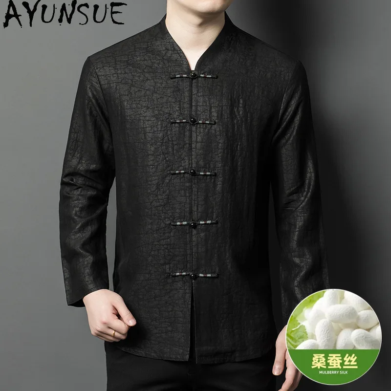 AYUNSUE High-end 100% Natural Mulberry Silk Shirts Man Clothing 2026 Spring Fashion Long Sleeve Shirt Casual Black Tops Camisa