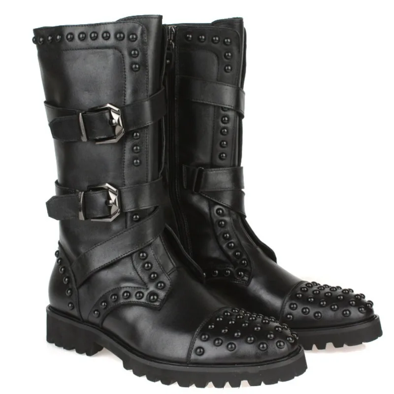 British Style Fashion Rivet Casual Men's Cowboy Long High Boots Genuine Leather Outdoor Chelsea Knight Riding Boots Male Shoes