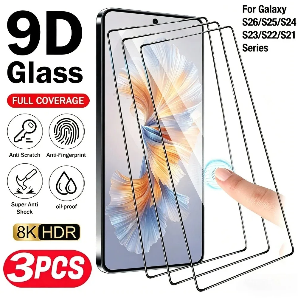 3Pcs Full Cover Ultra Clear Tempered Glass for Samsung Galaxy S26 S25 S24 Ultra S22 S21 S23 Plus S25 S24 FE 9H Screen Protector