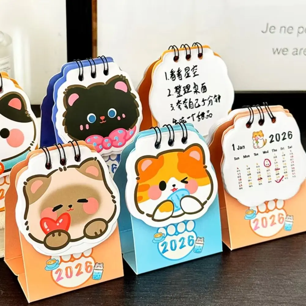 2026 Mini Cat Desk Calendar Cartoon Portable Creative Student Plan Desktop Check-in Desk Calendar Ornaments Desk Accessories